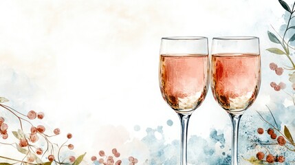 Two glasses of rose wine with watercolor floral design.