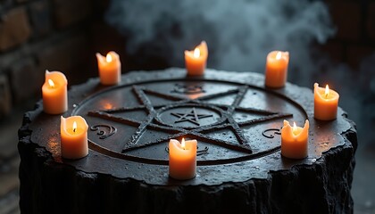 Mysterious pentagram surrounded by burning candles in a dark and mystical setting.
