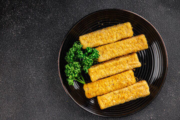 Fish sticks seafood dish fresh gourmet food background on table rustic food top view copy space keto and paleo pescetarian diet