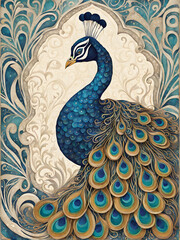 Fototapeta premium Vintage peacock art illustration with blue and beige color, peacock in the garden, peacock on the wall