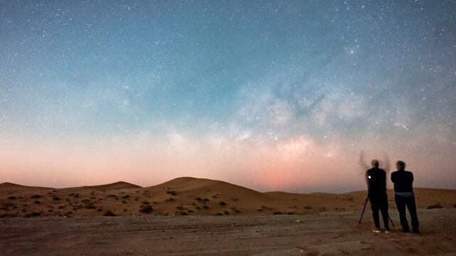 Two men setting up a panorama star tracker with the Milky Way rising almost parallel to the horizon in the desert sand dunes time lapse