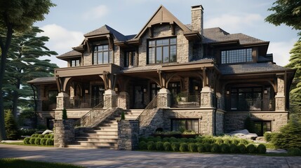 A photo of a triple-story house with stone accents.