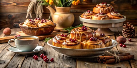 Fototapeta premium Sweet Cinnamon Rolls with Cranberries and Glaze, Served with Warm Beverage on Rustic Wooden Table