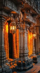 Temple faade adorned with marigolds and lamps in evening