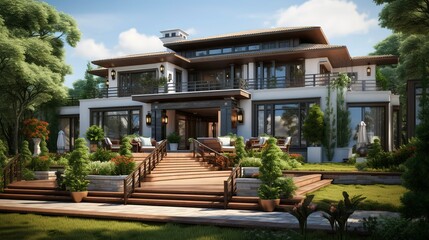Fototapeta premium A photo of a triple-story house with wide terrace.