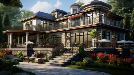 Fototapeta premium A photo of a triple-story house with wide terrace.