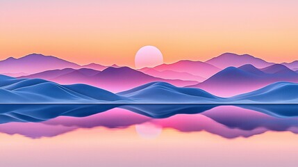 Vibrant sunset over rolling mountains with pink and blue hues, mirrored in calm water below.
