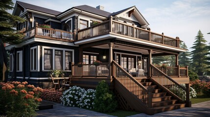 Fototapeta premium A photo of a triple-story house with wooden deck. ,