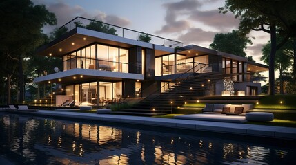 Fototapeta premium A photo of a triple-story modern retreat.