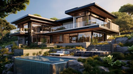 A photo of a triple-story modern retreat.