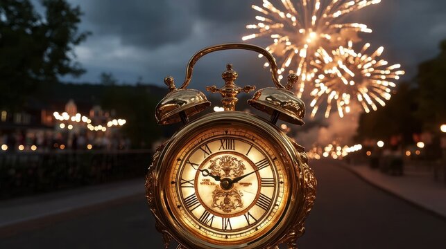 A golden clock striking midnight with fireworks exploding in the background, symbolizing the arrival of .