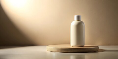 Elegant Cream Bottle on Wooden Display Platform Against a Neutral Background