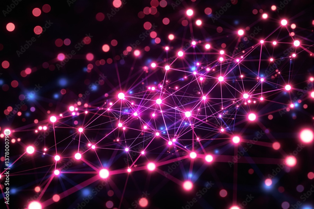 Poster abstract glowing network background with pink and blue light connections.