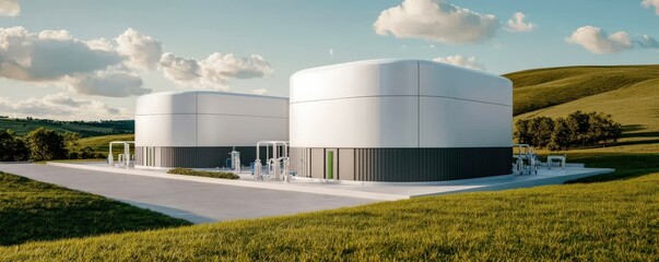 Fototapeta premium hydrogen sustainability economy concept. Modern industrial storage tanks in a green landscape under a cloudy sky.