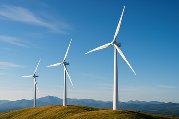 Fototapeta premium Harnessing the Wind: A trio of colossal wind turbines gracefully stand on a verdant hill under a bright blue sky, silently harnessing the power of the wind to generate sustainable energy.