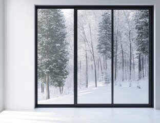 Fototapeta premium Winter wonderland view through a modern sliding glass door