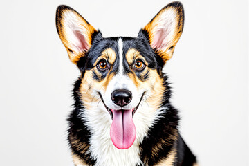 Happy corgi dog with tongue out on light background.