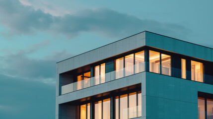Modern building with illuminated windows against twilight sky