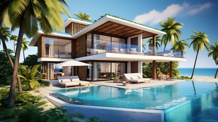 Fototapeta premium A photo of a triple-story tropical beachfront villa. ,