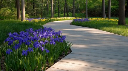 Obraz premium Serene Garden Path Wooden Walkway Winding Through Blooming Irises and Daffodils