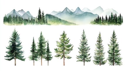 Fototapeta premium Watercolor Pine Trees with Distant Mountains Forest and Foggy Haze