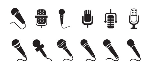 Microphone icon set. A detailed vector collection of microphones and headphones, featuring equipment ideal for podcasts and recording studios. vector illustration  eps 10.
