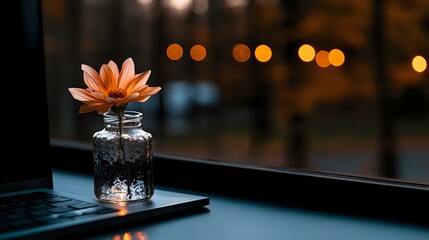 Naklejka premium Single orange lotus flower in glass jar on laptop keyboard against evening window with bokeh lights, creating peaceful minimalist workspace atmosphere.