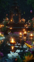 Obraz premium Riverside shrine with flowers lamps at dusk empty surroundings