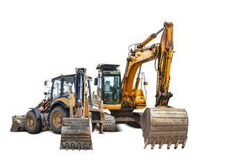 Heavy machinery such as an excavator and backhoe loader is prepared for rent at a construction site, indicating ongoing urban development activities.