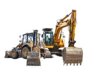 Heavy machinery such as an excavator and backhoe loader is prepared for rent at a construction site, indicating ongoing urban development activities.