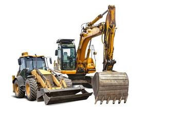 Heavy machinery including a backhoe and an excavator stands isolated, available for rent for...