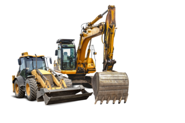 Heavy machinery including a backhoe and an excavator stands isolated, available for rent for various construction activities and projects.