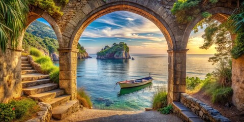 Serene Coastal Vista Framed by Ancient Stone Arches at Sunset