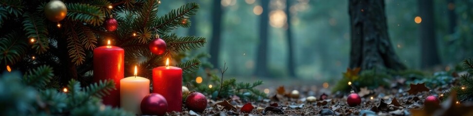 Festive forest background with Christmas tree stand and candles, mistletoe garland, evergreen trees, holly branches