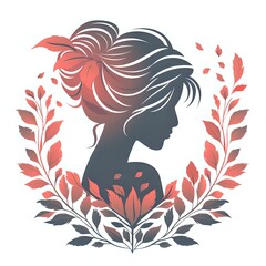 Female profile silhouette with elegant updo hairstyle surrounded by decorative coral and navy floral wreath elements on white background, suitable for logo design.