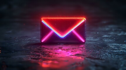 Glowing neon mail envelope icon on dark wet surface with red and pink light reflection, modern cyberpunk style communication symbol for digital marketing.