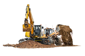 Construction machinery excavator and loader digs and moves soil on a remote site. The equipment...