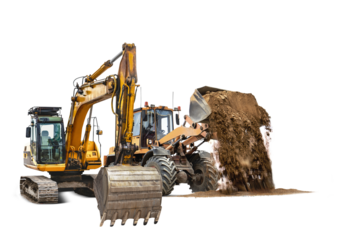 Large construction machinery excavator and loader is actively excavating soil at a remote site. The equipment is facilitating land preparation for a potential construction project.