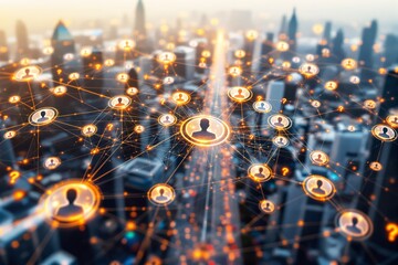 Abstract digital network of connected people icons with glowing light effects over a blurred city background.