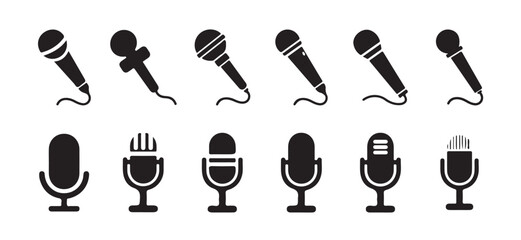Microphone icon set. A detailed vector collection of microphones and headphones, featuring equipment ideal for podcasts and recording studios. vector illustration  eps 10.