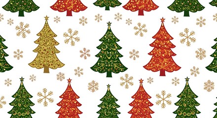 Festive Sparkle Christmas Tree Pattern Green Red Gold AI Generated