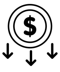 The currency depreciation icon shows a dollar sign in a circle with three arrows pointing down, representing inflation, depreciation, or a decrease in prices