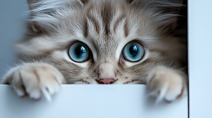 Curious ragdoll kitten with striking blue eyes peeks over white edge, front paws visible. Close up portrait shows soft fur and playful expression.