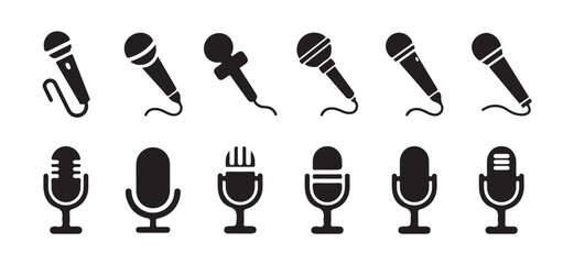 Microphone icon set. A detailed vector collection of microphones and headphones, featuring equipment ideal for podcasts and recording studios. vector illustration  eps 10.