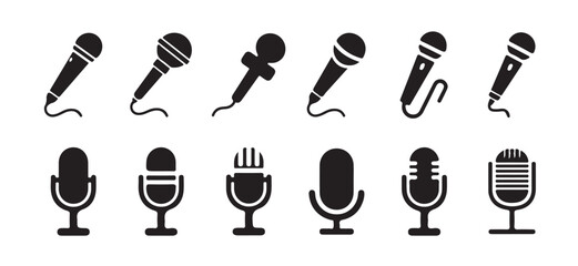Microphone icon set. A detailed vector collection of microphones and headphones, featuring equipment ideal for podcasts and recording studios. vector illustration  eps 10.