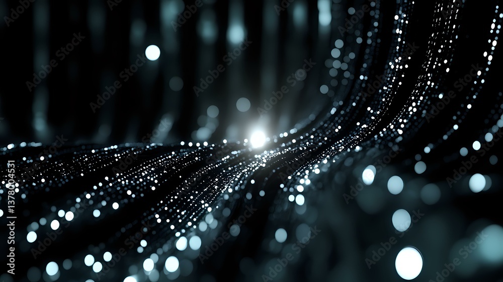 Poster glowing particles flow in curved lines against dark background creating magical atmosphere with boke