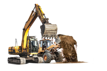 Excavator and wheel loader is actively excavating dirt and transporting it at a construction site in a remote location, highlighting rental construction services.