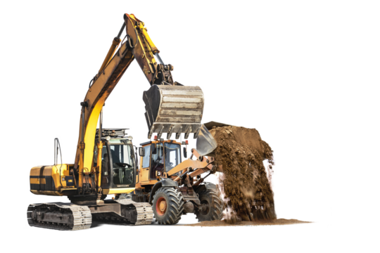 Excavator and wheel loader is actively excavating dirt and transporting it at a construction site in a remote location, highlighting rental construction services.