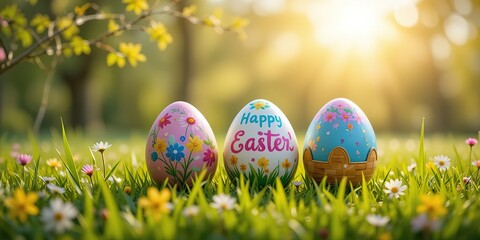 Three painted Easter eggs celebrating a Happy Easter on a spring day with a green grass meadow, bright sunlight, tree leaves and a warm color background with copy space
