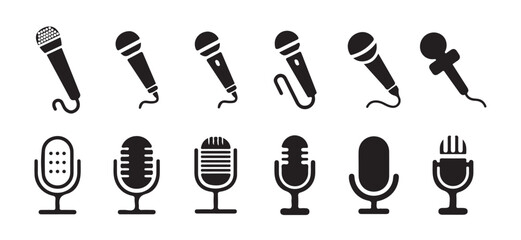 Microphone icon set. A detailed vector collection of microphones and headphones, featuring equipment ideal for podcasts and recording studios. vector illustration  eps 10.